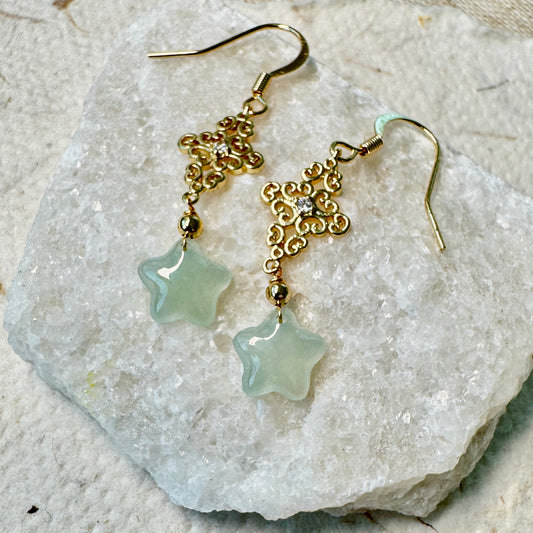 Star and Moon Jadeite Dangle Earrings - Icy Aqua Star