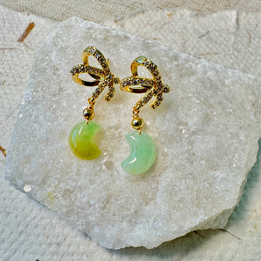 Star and Moon Jadeite Dangle Earrings - Yellowish Green Moon