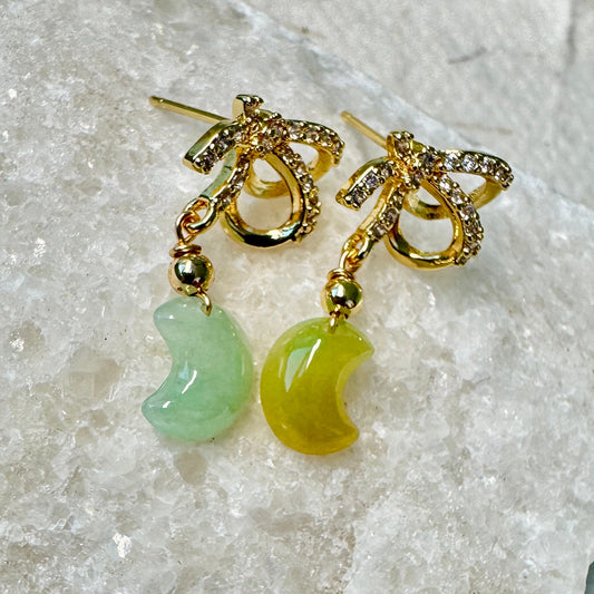 Star and Moon Jadeite Dangle Earrings - Yellowish Green Moon