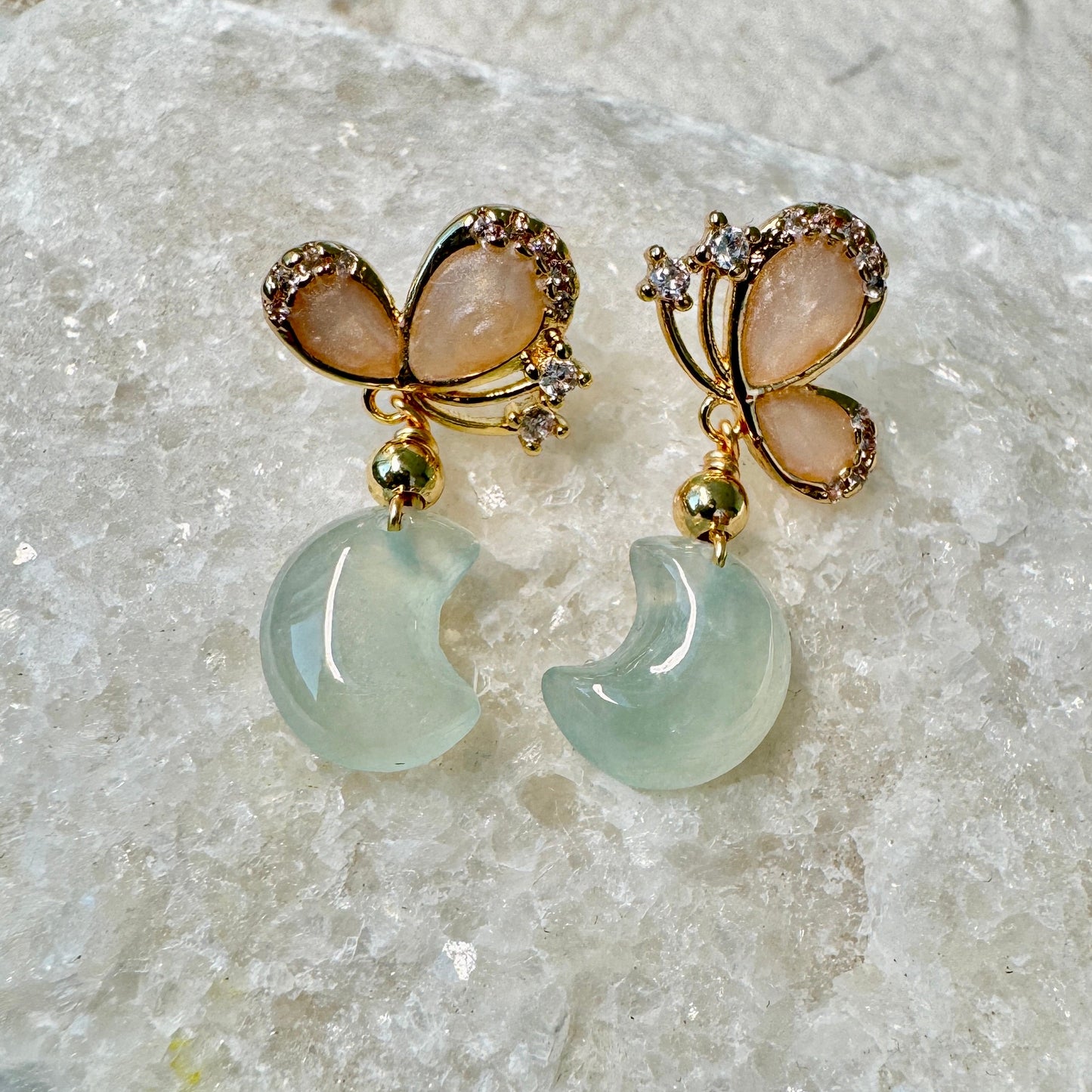Star and Moon Jadeite Dangle Earrings - Icy Aqua Moon
