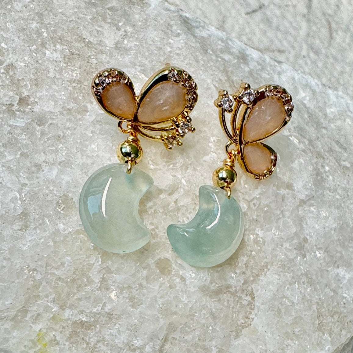 Star and Moon Jadeite Dangle Earrings - Icy Aqua Moon