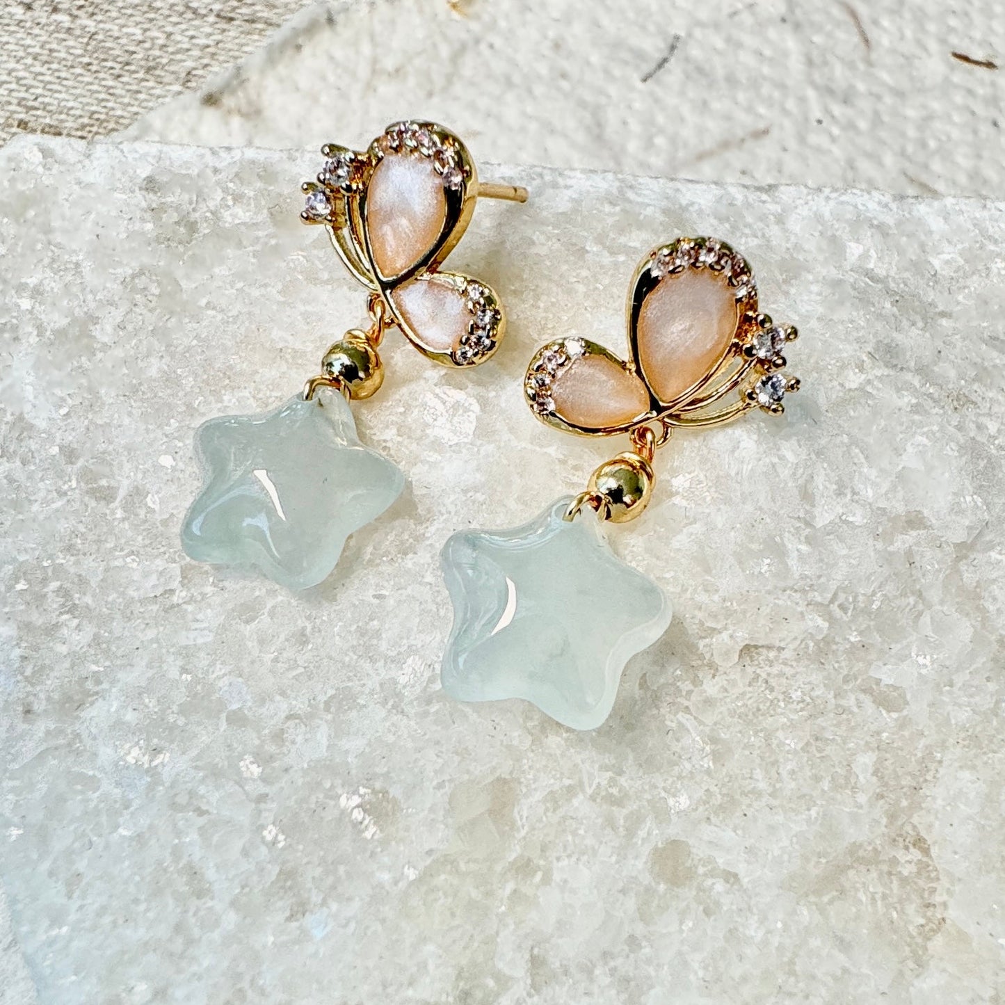Star and Moon Jadeite Dangle Earrings - Icy Aqua Star