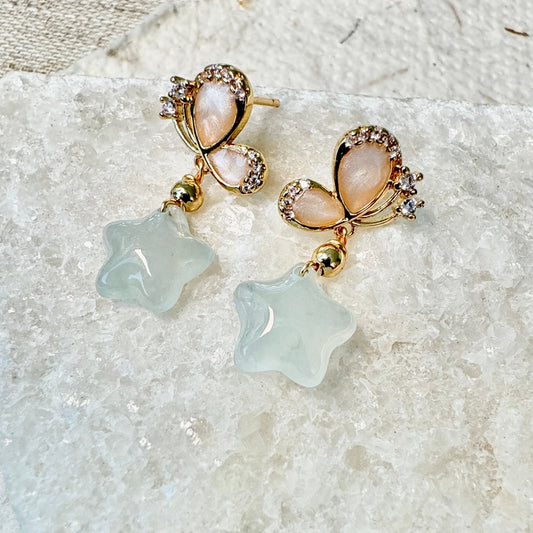 Star and Moon Jadeite Dangle Earrings - Icy Aqua Star
