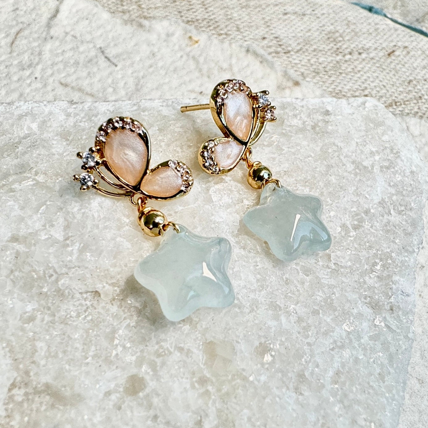 Star and Moon Jadeite Dangle Earrings - Icy Aqua Star