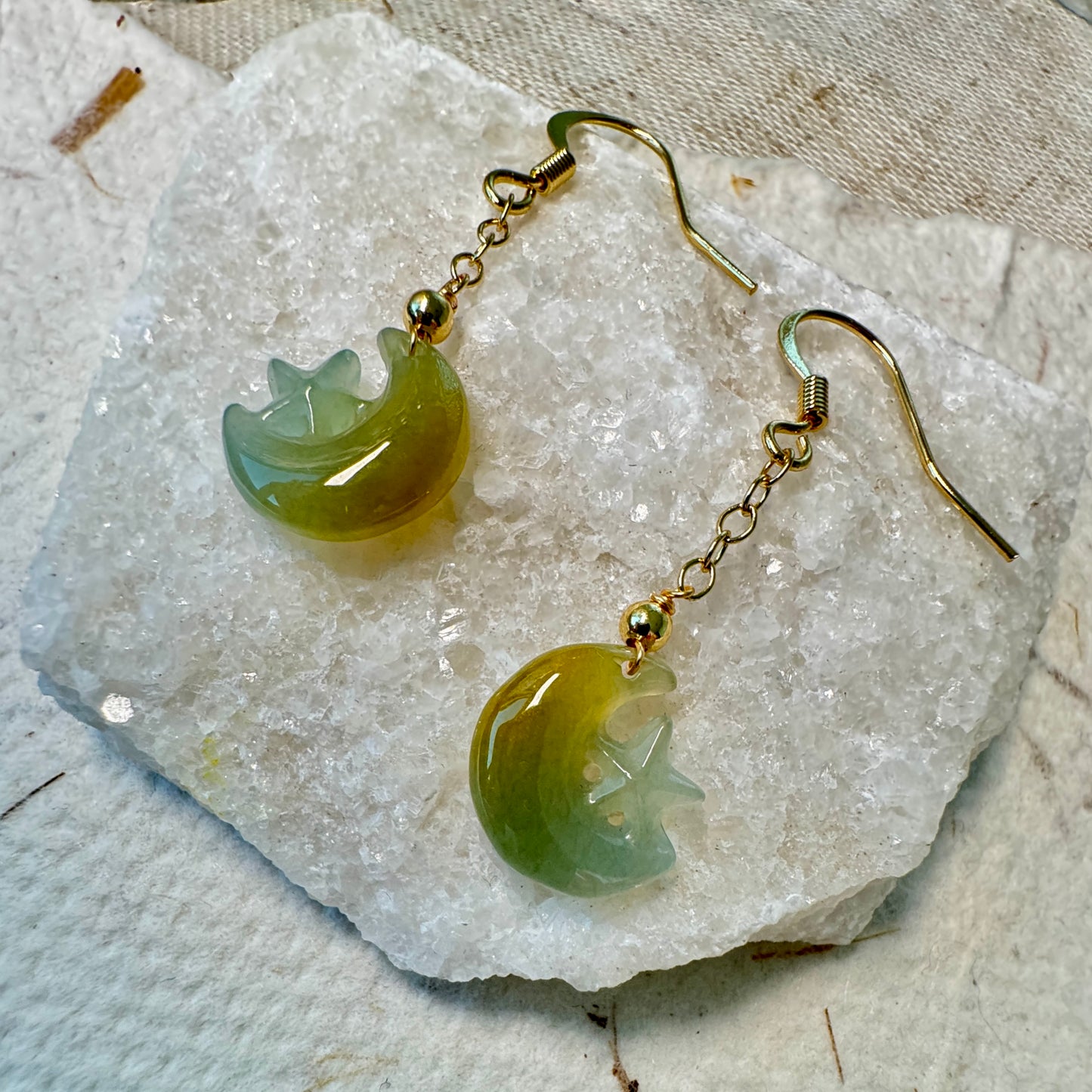 Star and Moon Jadeite Dangle Earrings - Greenish Yellow
