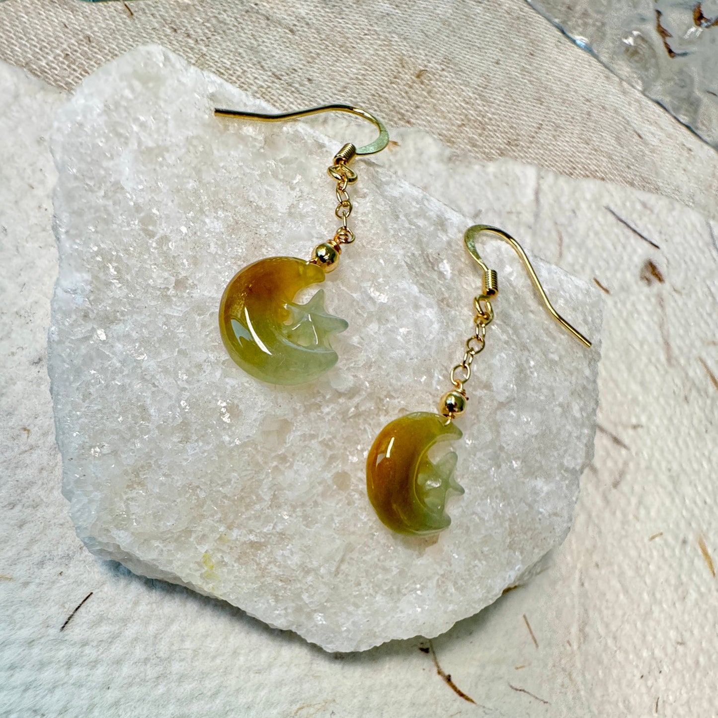 Star and Moon Jadeite Dangle Earrings - Brownish Yellow