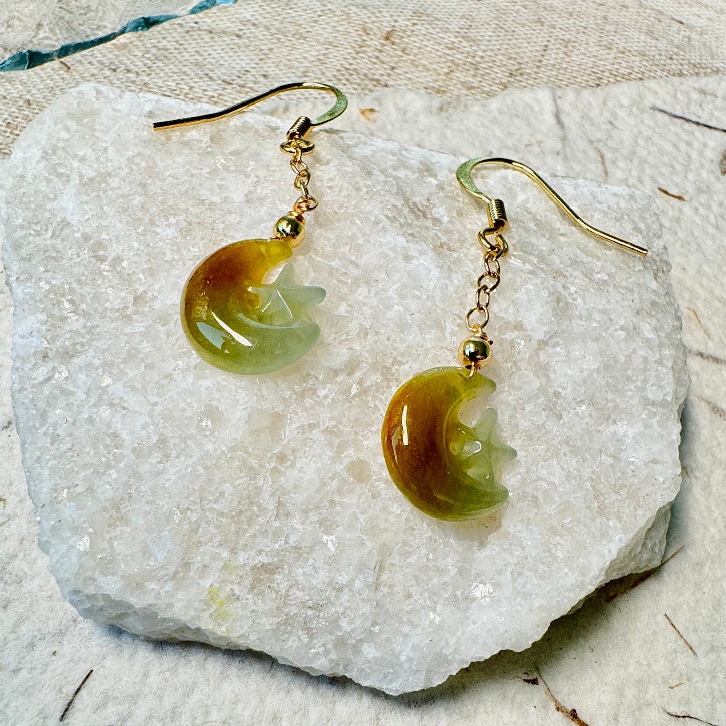 Star and Moon Jadeite Dangle Earrings - Brownish Yellow