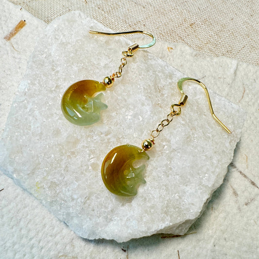 Star and Moon Jadeite Dangle Earrings - Brownish Yellow