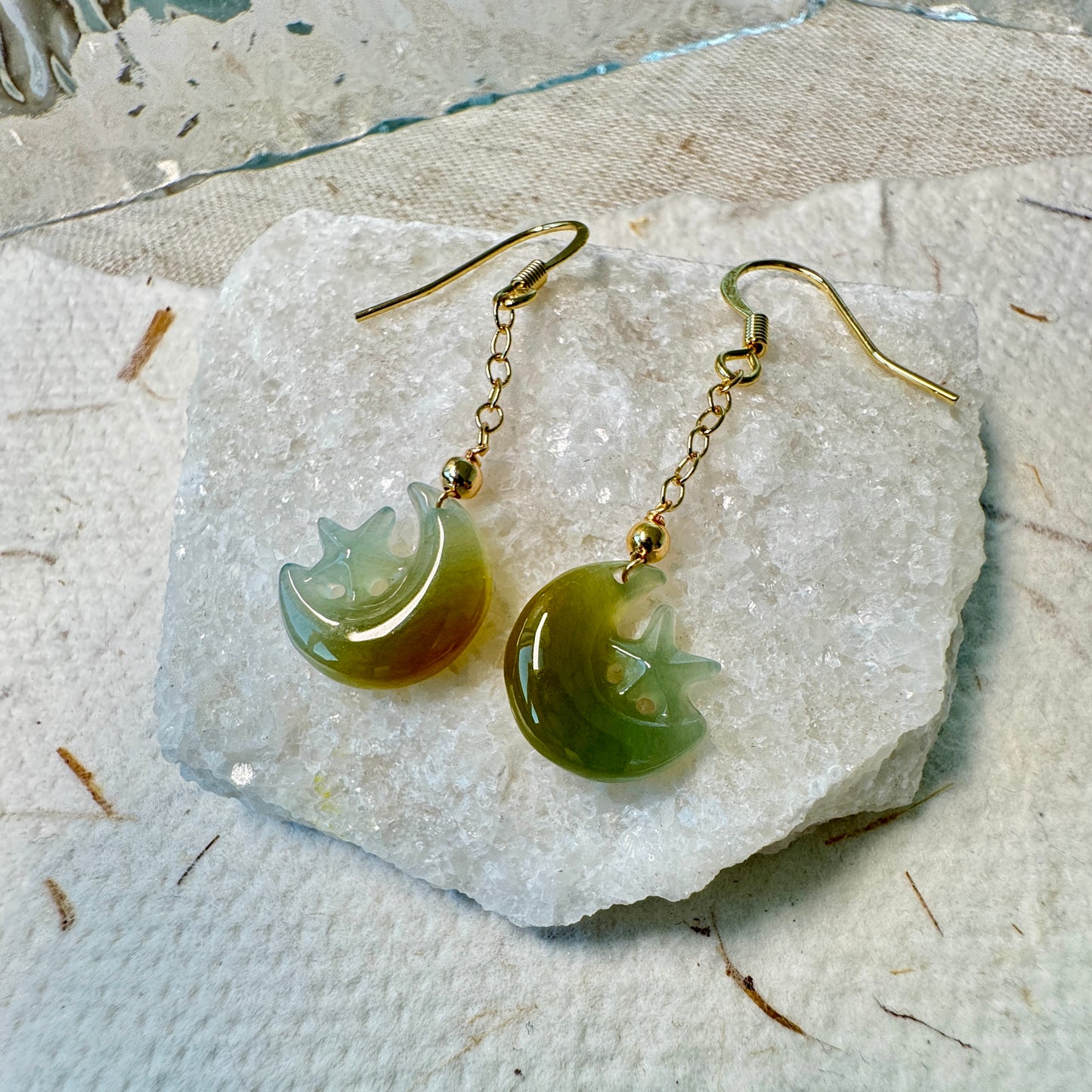 Star and Moon Jadeite Dangle Earrings - Bluish Yellow