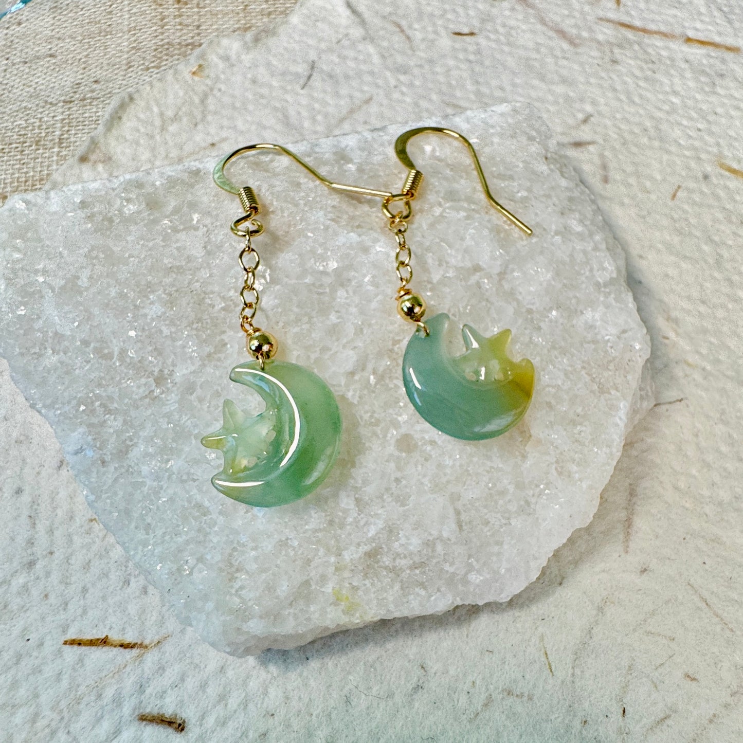 Star and Moon Jadeite Dangle Earrings - Bluish Yellow