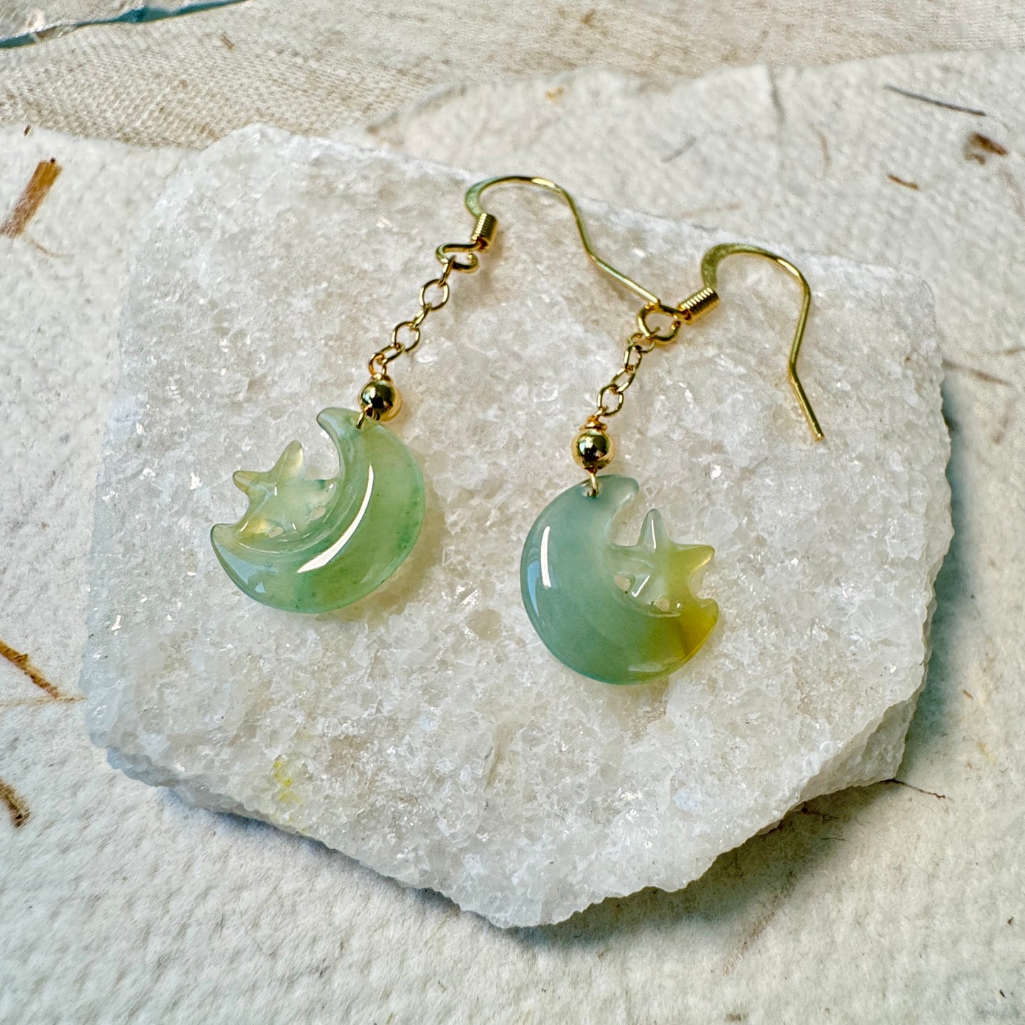 Star and Moon Jadeite Dangle Earrings - Bluish Yellow