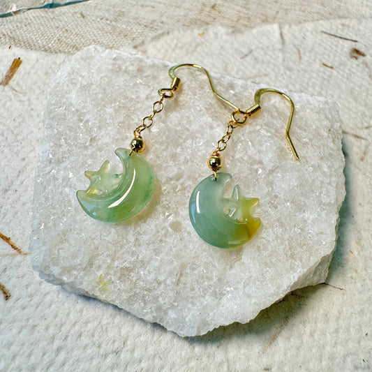 Star and Moon Jadeite Dangle Earrings - Bluish Yellow