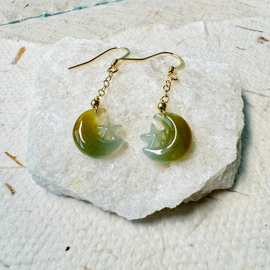 Star and Moon Jadeite Dangle Earrings - Bluish Yellow