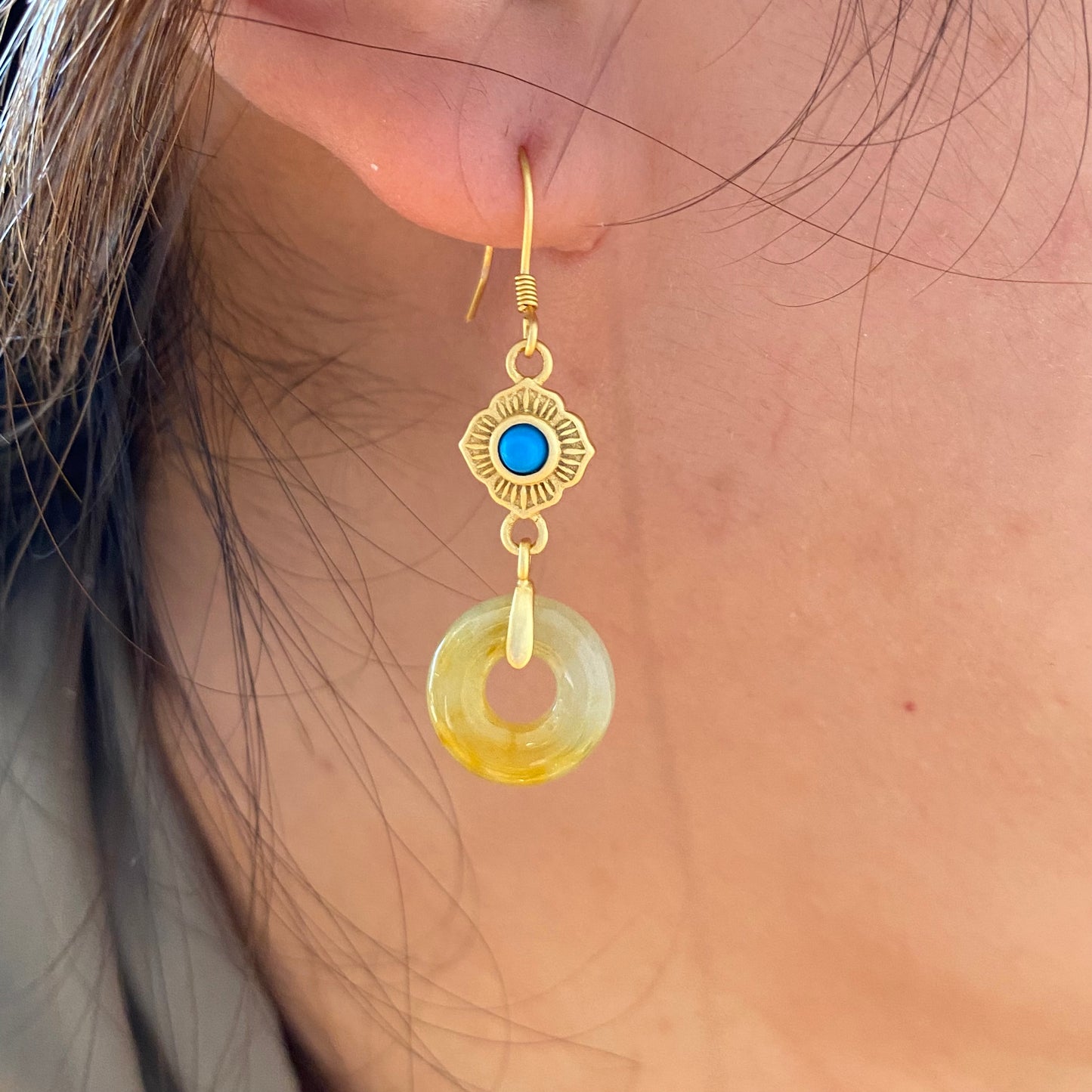 Icy Yellow Jadeite Donut Dangle Earrings