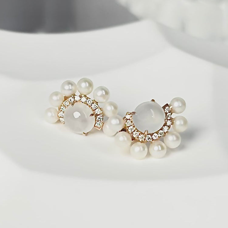 Icy Jadeite & Pearl Halo Stud Earrings  (18K Rose Gold · Natural Diamonds · Natural Pearls)