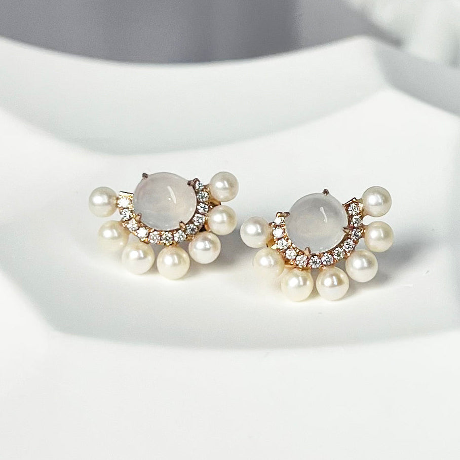 Icy Jadeite & Pearl Halo Stud Earrings  (18K Rose Gold · Natural Diamonds · Natural Pearls)