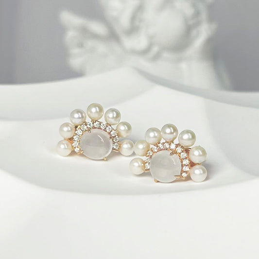 Icy Jadeite & Pearl Halo Stud Earrings  (18K Rose Gold · Natural Diamonds · Natural Pearls)