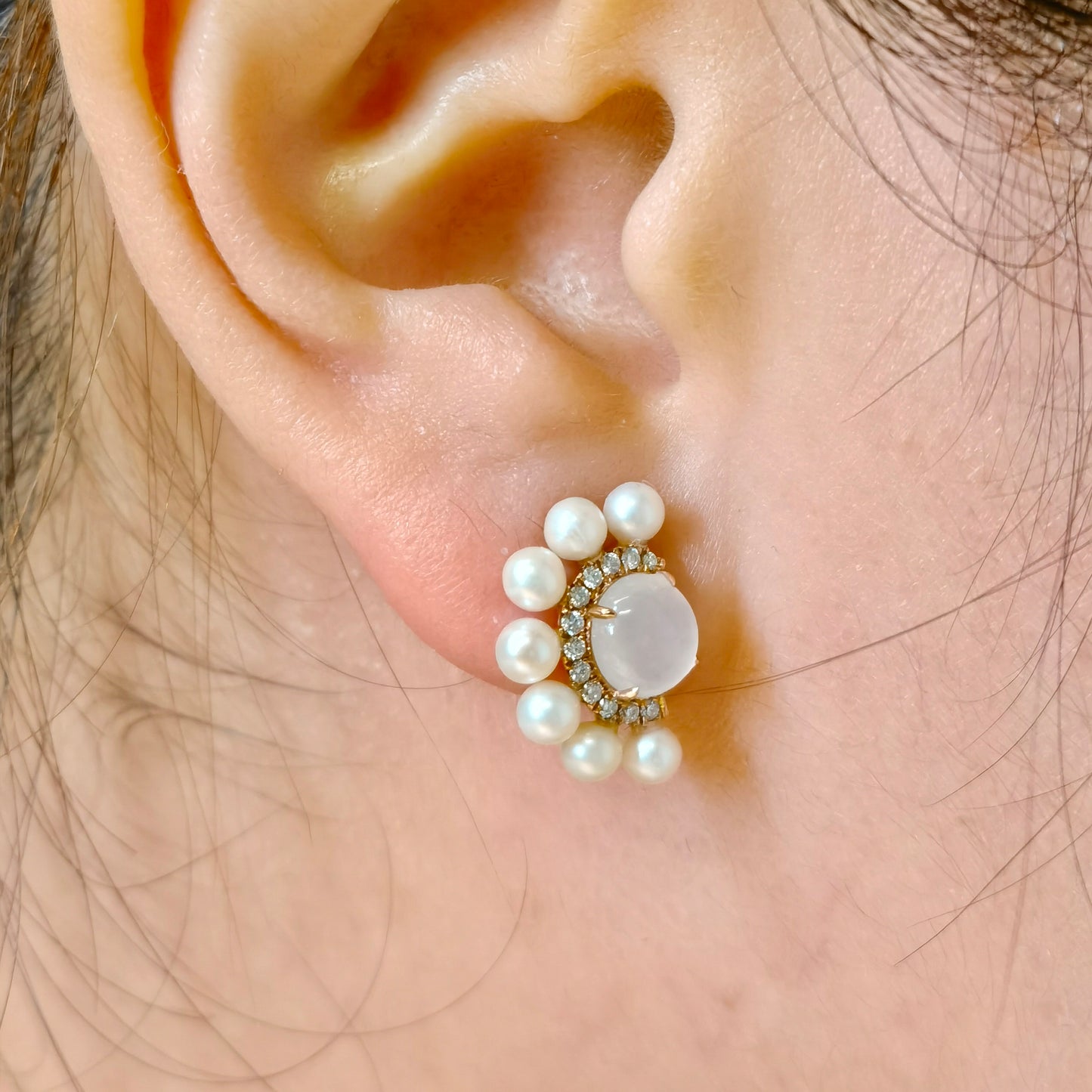 Icy Jadeite & Pearl Halo Stud Earrings  (18K Rose Gold · Natural Diamonds · Natural Pearls)