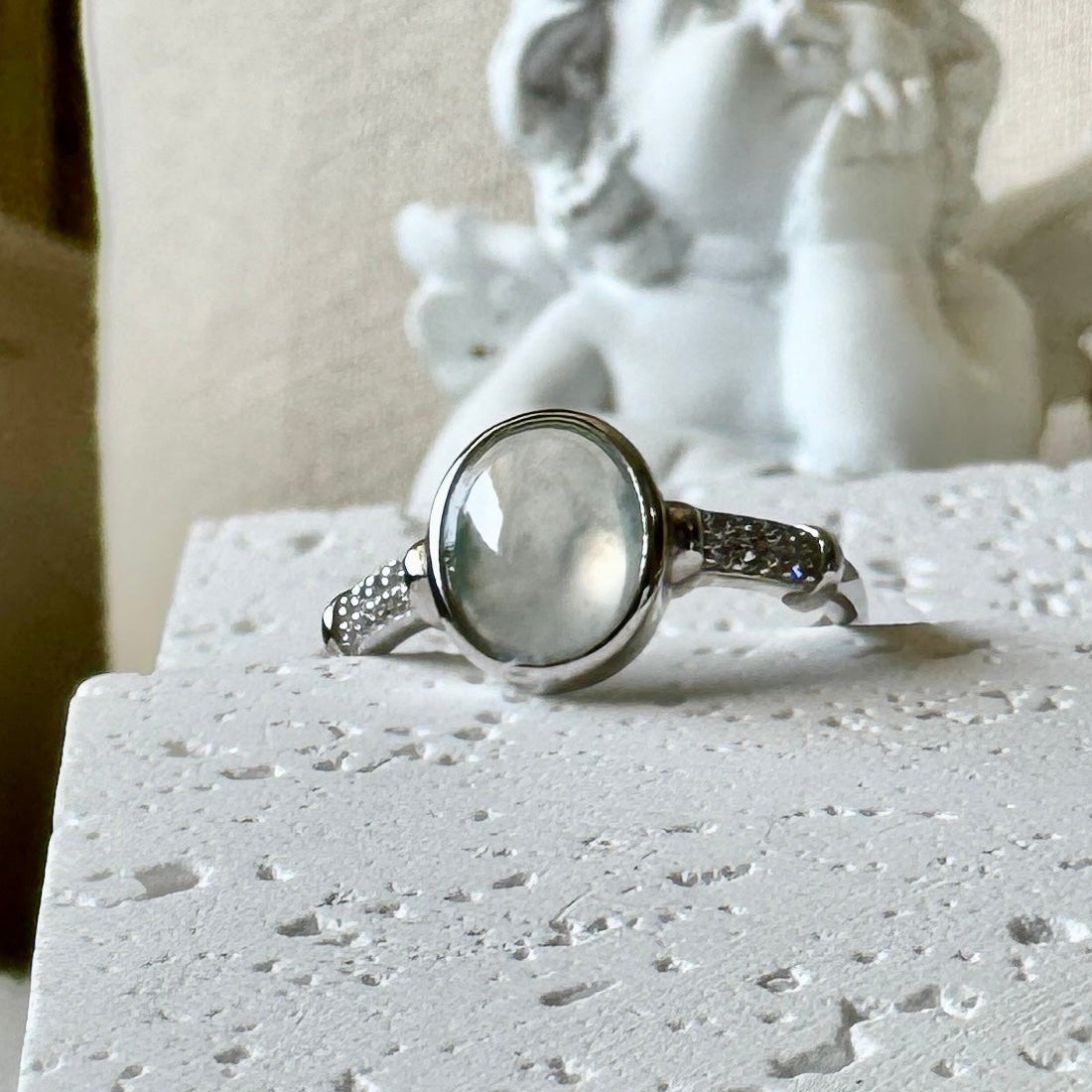 Icy White Jadeite Cabochon Ring