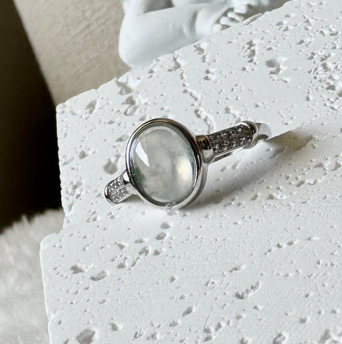 Icy White Jadeite Cabochon Ring