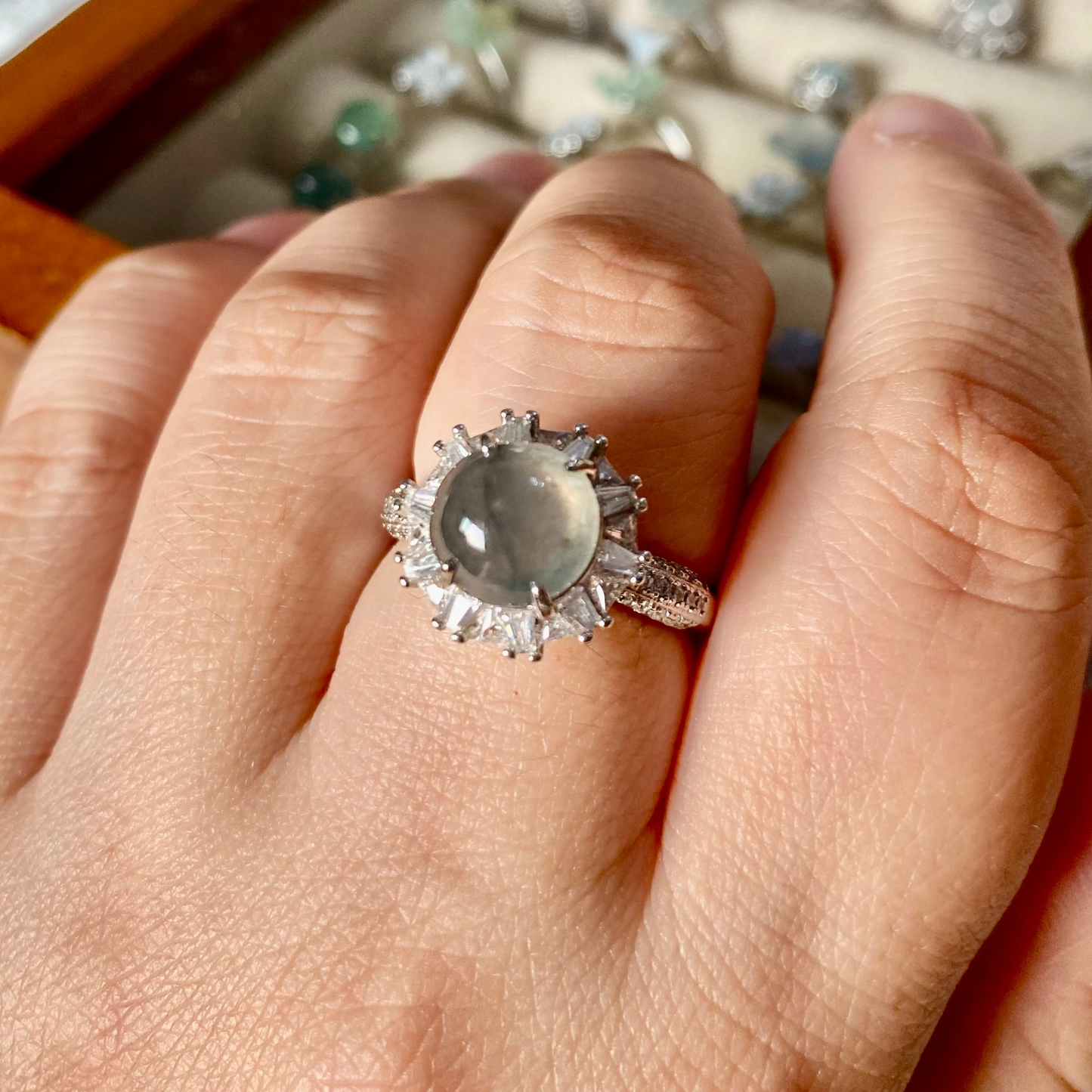 Icy Charcoal Jadeite Cabochon Ring