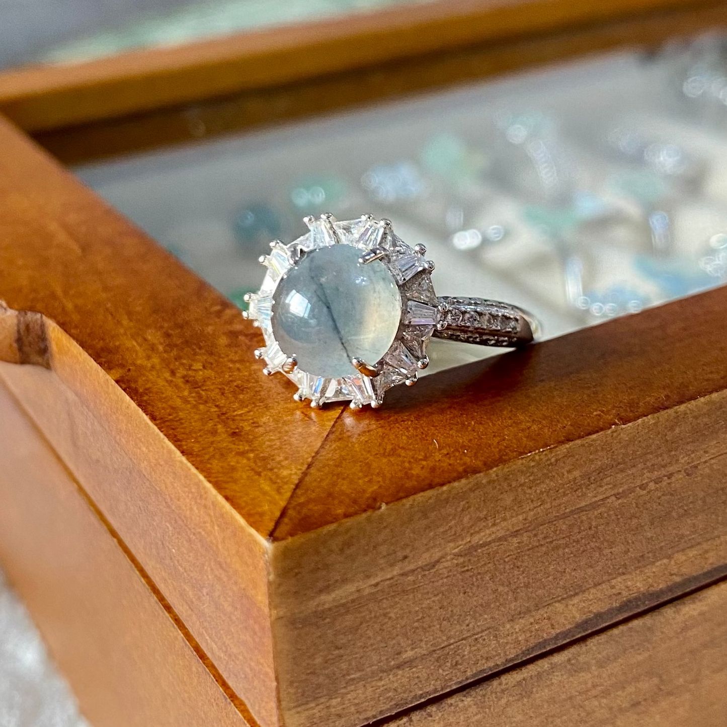 Icy Charcoal Jadeite Cabochon Ring