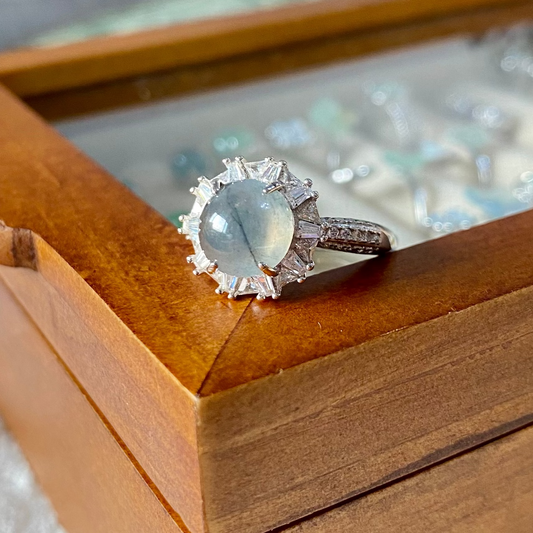 Icy Charcoal Jadeite Cabochon Ring