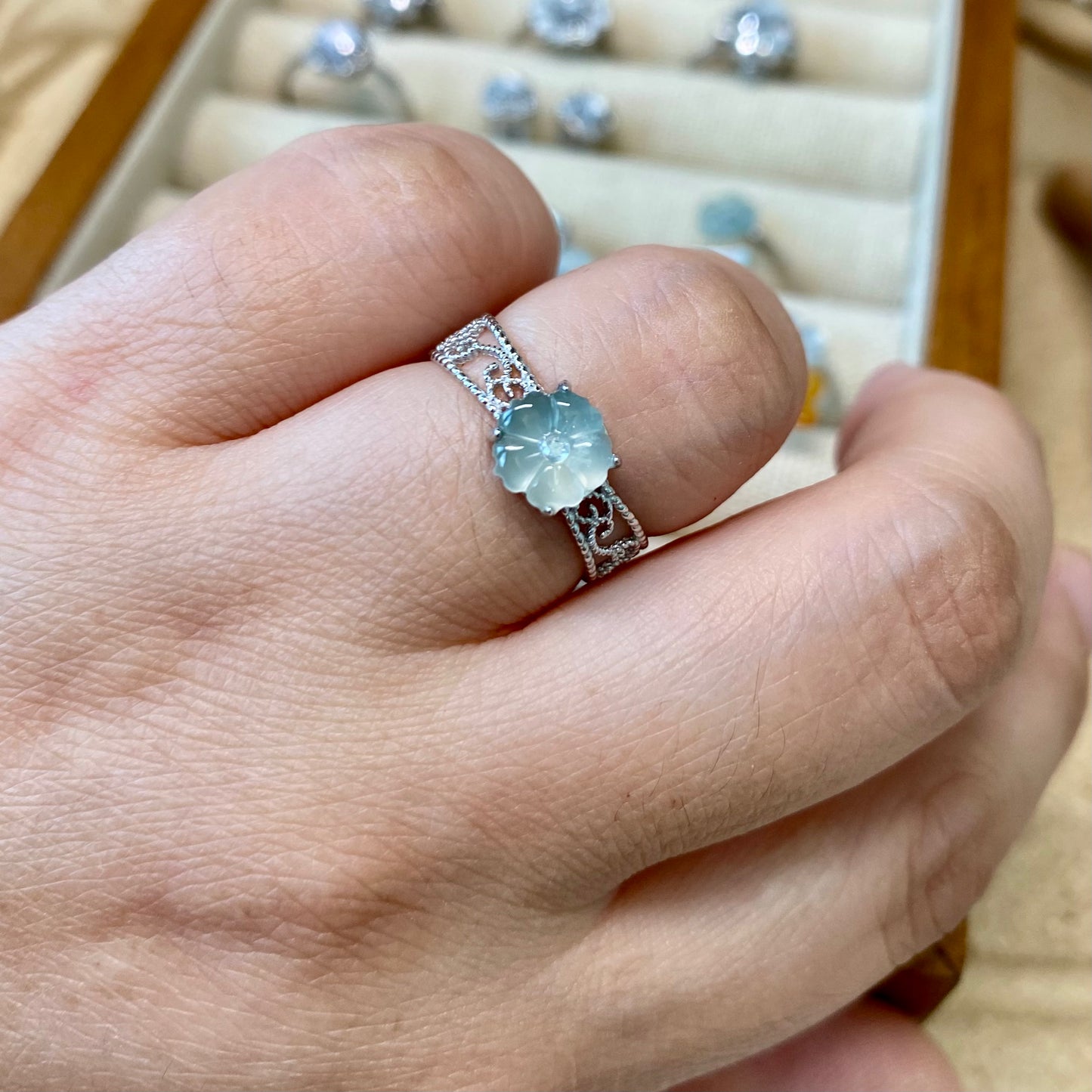 Icy White Flower Jadeite Ring