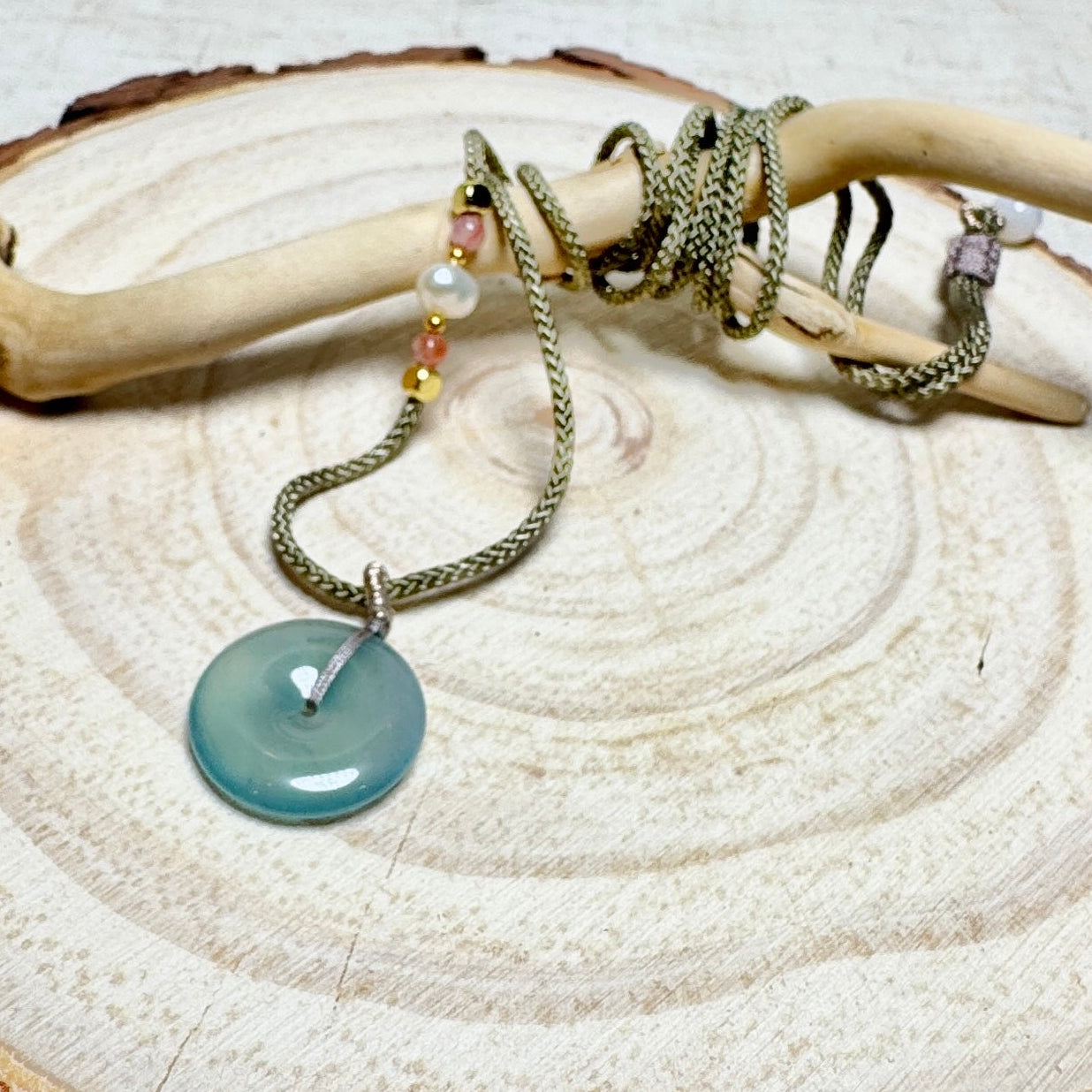 Icy Blue Jade Donut Macramé Necklace