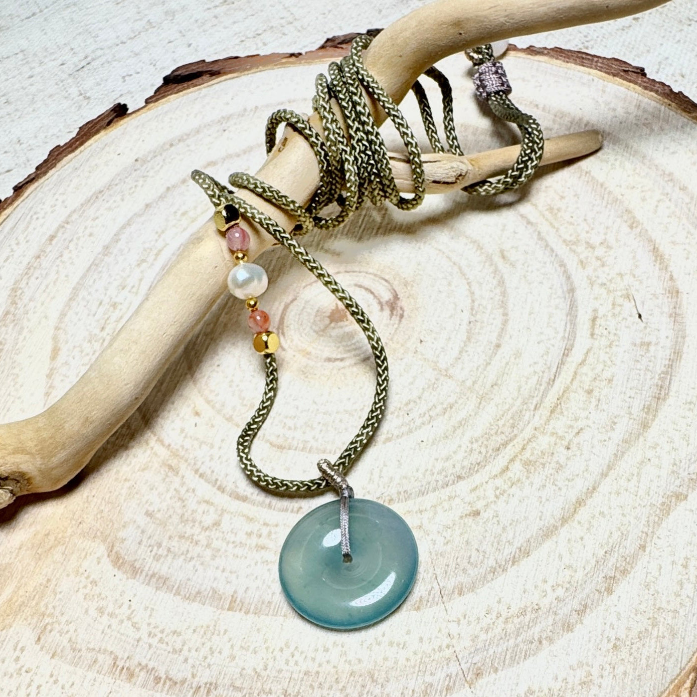 Icy Blue Jade Donut Macramé Necklace