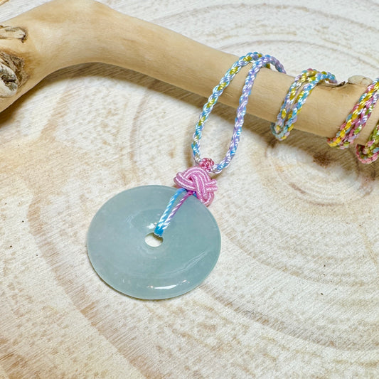Icy Moss Green Jade Donut Macramé Necklace