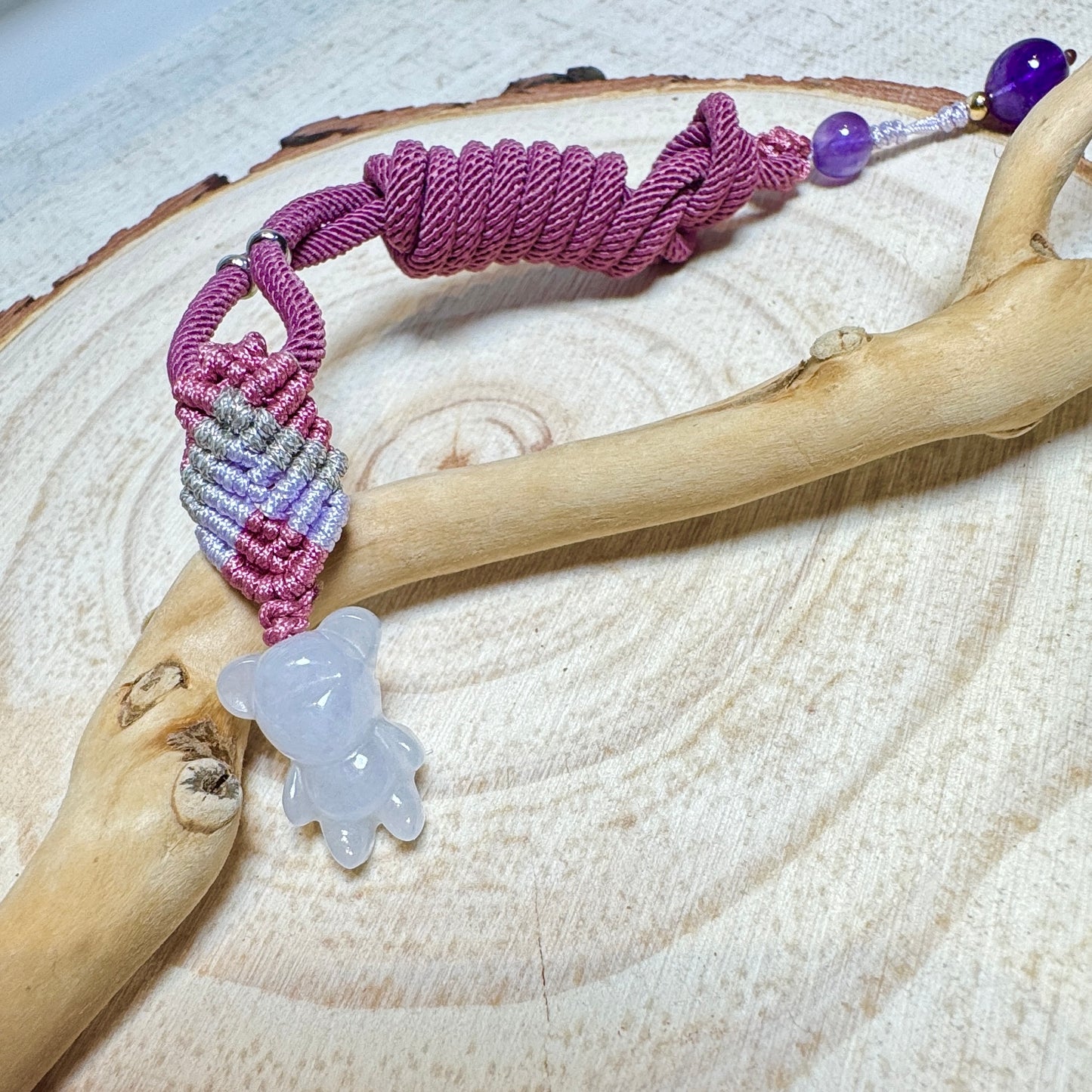 Icy White Teddy Bear Jade Macramé Necklace