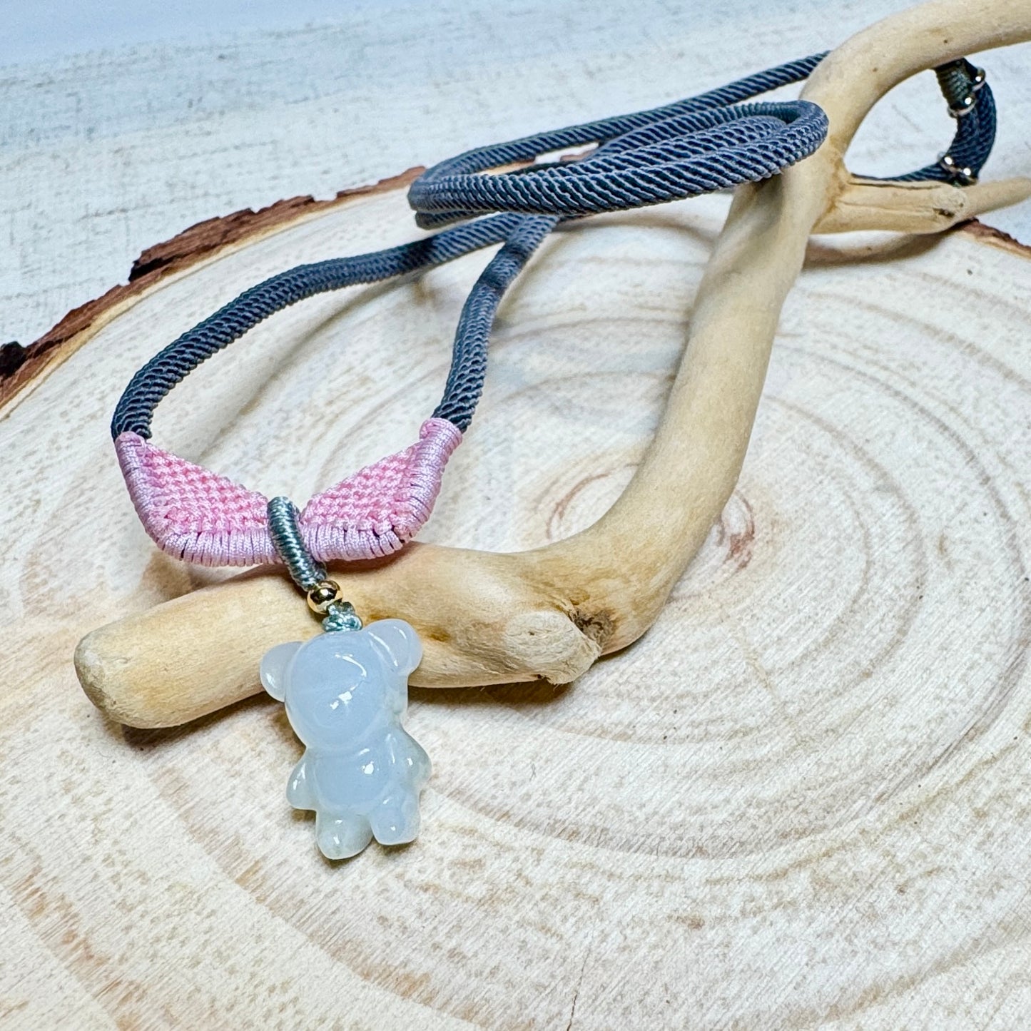 Icy Teddy Bear Jade Macramé Necklace
