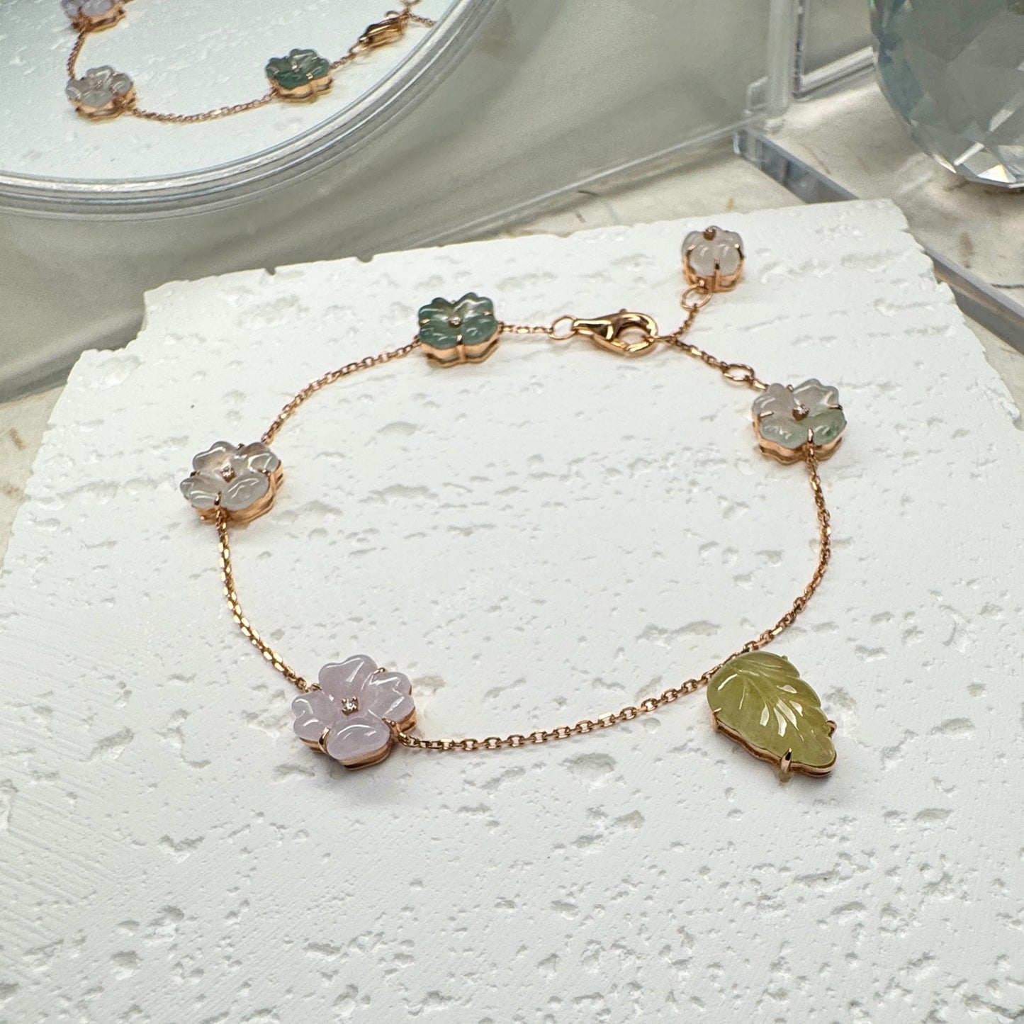 Multi-Color Jadeite Flower Bracelet  (18K Rose Gold · Natural Diamonds)
